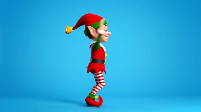 Cheerful Christmas elf dancing with joyful expression on blue background