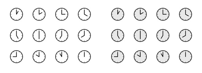 Time and clock icons. Analog clock, notifying each hour. Business watch. Speed time icon. Vector illustration