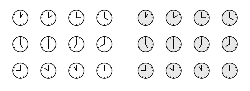 Time and clock icons. Analog clock, notifying each hour. Business watch. Speed time icon. Vector illustration