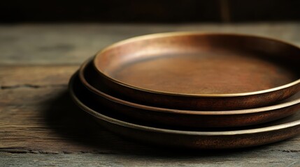 Obraz premium Tarnished Brass Plates Stacked Showing Layers in a Rustic Scene