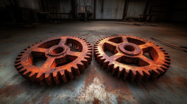 Two large rusty industrial gears interlocking and seized together on a worn floor in an abandoned factory setting