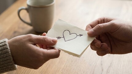 Holding a note with a heart and arrow drawing.