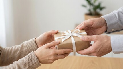 Presenting a gift, hands offering a wrapped box.