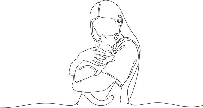Continuous line art drawing of a young woman gently holding and embracing her beloved cat with affection and care, symbolizing a cherished pet owner bond