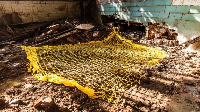 Yellow rescue netting spread across debris at a collapsed construction site
