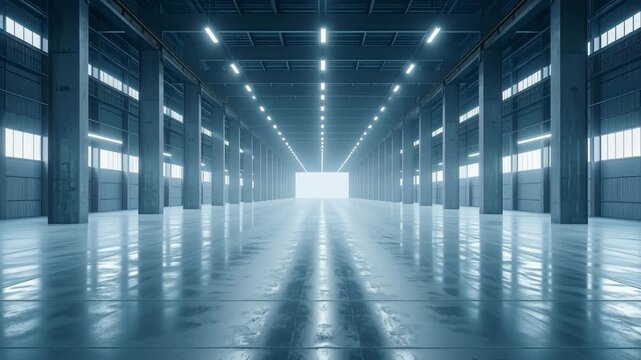 Modern Industrial Space: A long, expansive warehouse or industrial space, marked by clean lines, geometric architecture, and a strong sense of purpose, illuminated by bright.