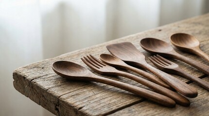 Handcrafted wooden spoons and forks on a rustic wooden surface.