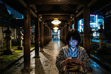 Personne consultant son smartphone dans une rue japonaise nocturne