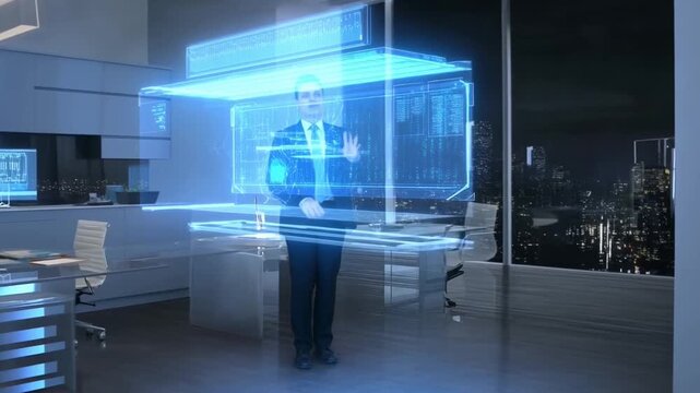 In a sleek, modern office at night, a translucent blue hologram of a standing man hovers above a workstation, casting neon glow on glass surfaces as the city skyline twinkles beyond the window.