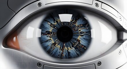 Close-up of a futuristic blue robotic eye with metal casing and detailed iris