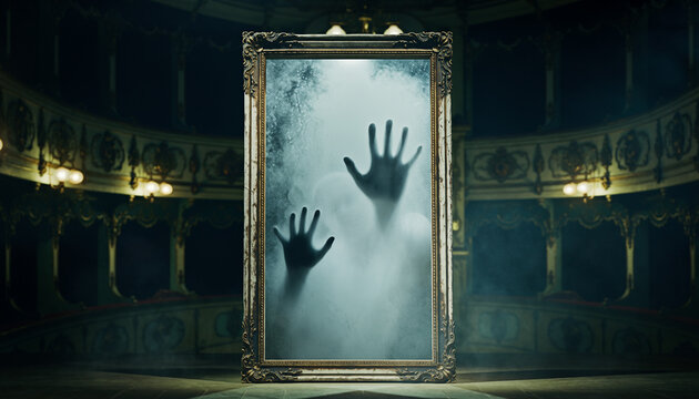 Old backstage mirror with fogged surface and faint ghostly handprint