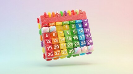 A vibrant calendar made of gummy candies and marshmallows.