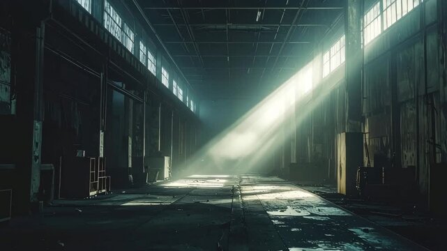 Industrial Revelation: A cinematic perspective of an expansive, abandoned warehouse interior, where sun rays pierce through the dusty atmosphere, revealing a sense of mystery and decay. 
