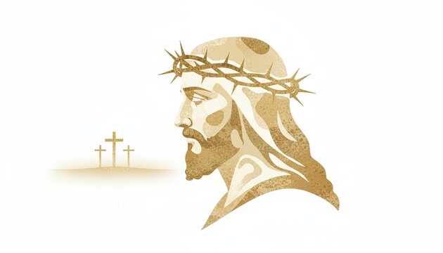 Side view of Jesus Christ with a crown of thorns and Golgotha crosses in the background. Good Friday and Easter religious concept.