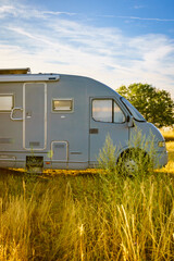 Caravan camping on nature. Summer trip.
