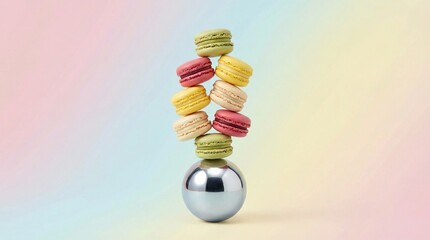Colorful macarons balanced on a silver ball.
