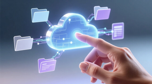 Digital hand interacting with glowing cloud network managing data and folders in virtual space illustrating flexible access for hybrid work environments and modern business solutions