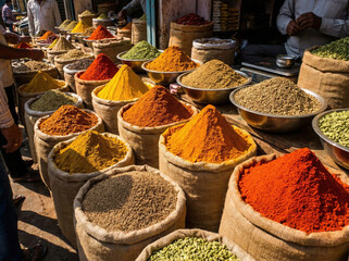 Fototapeta premium Étal de marché aux épices colorées en sacs