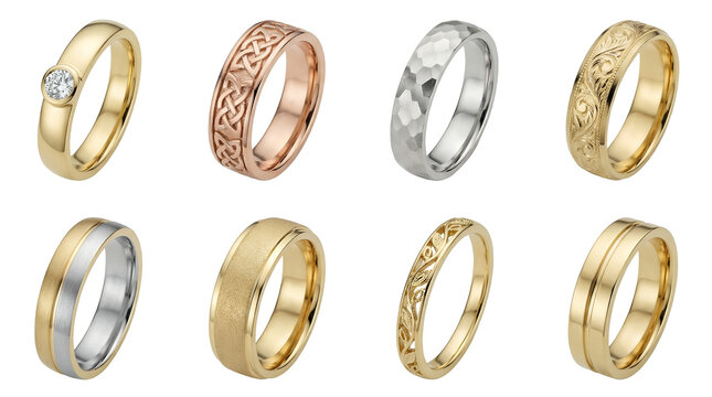 Gold and silver ring set including diamond, celtic, hammered, engraved, and textured bands isolated. Jewelry and wedding accessory collection.
