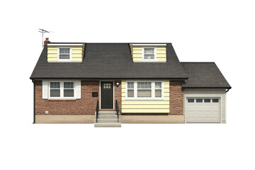 Suburban brick house with garage is isolated.