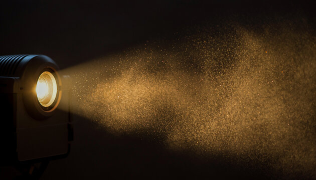 8K Ultra-Realism: Cinematic golden projector beam with rich volumetric haze and dust