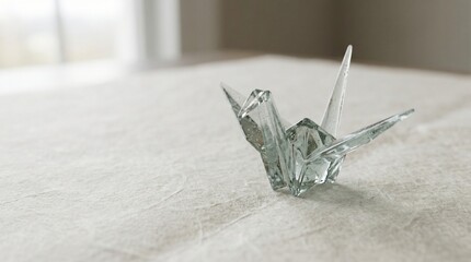 Elegant glass crane sculpture on a textured surface.