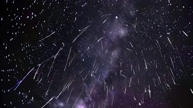 Starfall in sky, bright meteorites glow in atmosphere