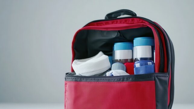 Red medical kit bag with first aid supplies spilling out including bandages medicine bottles and other health care items