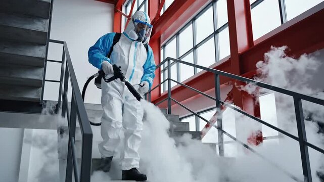 Person wearing protective gear and respirator using a fogging machine to sanitize the stairs and floors of a modern office construction