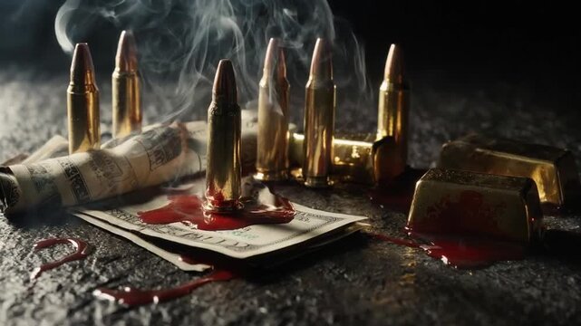 On a dim, gritty surface, smoking brass cartridges stand amid smeared blood, crumpled dollar bills, and small gold bars, suggesting a violent exchange and the grim aftermath of a heist.