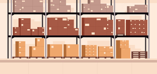 Empty factory warehouse with carton boxes on metal shelves, warehouse interior panaromic backgrounds for goods storage, inside stock room, cargo shipping for delivery flat vector illustration.