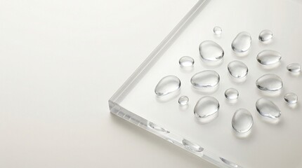 Water droplets on a clear surface, minimalist, reflective.