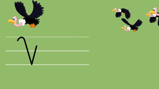 V letter writing like color vulture cartoon animation. A compatibile part of the alphabet serie. Handwriting educational style for children. Good for education movies, presentation, learning alphabet.