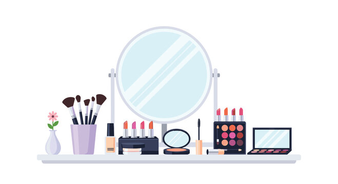 Beauty Vanity Table with Round Mirror Makeup Brushes Lipsticks and Eyeshadow Palettes on White