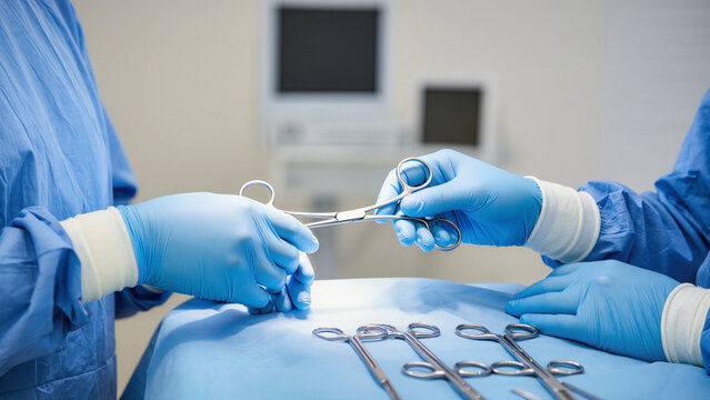 surgeon holding surgical instruments