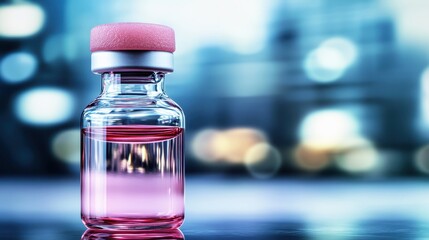 Small sterile glass vial containing crimson liquid with pink rubber stopper and blurred blue background