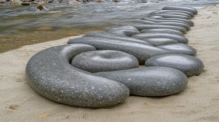 Smooth grey river stones artfully arranged in a circular spiral pattern on a sandy shore beside flowing water