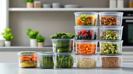 Stacks of clear plastic food storage containers filled with fresh fruits vegetables and grains neatly arranged on a kitchen counter