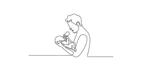 Continuous line art of a father feeding his newborn baby with a bottle
