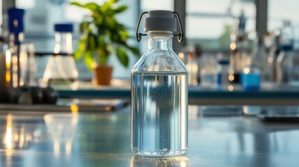Sterile saline solution in a clear glass bottle with a protective seal sits on a reflective laboratory bench with a blurred green plant in the background