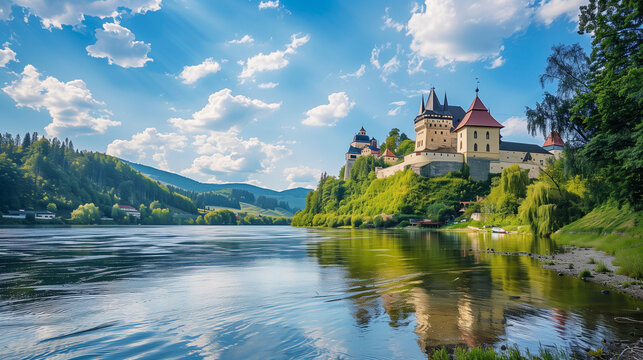 Orava Castle, river and blue sky, Slovakia. Orava Castle on a background of green trees, river and blue sky, one of the most beautiful Slovak castles, Orava Podzamcze, Slovakia 
