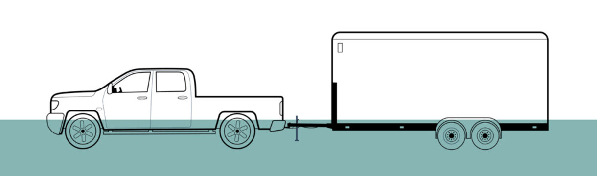 A pickup truck tow 2 axle closed trailer. Vector illustration.