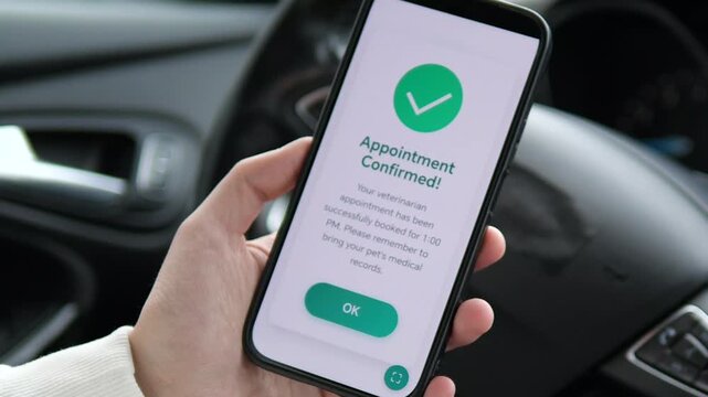 Busy pet owner schedules a check-up via smartphone. Closeup of vet booking app process: selection, processing, and confirmed status. Great for veterinary services, mobile commerce, and tech savvy