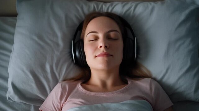 A serene woman lying on a bed wearing headphones with eyes closed, surrounded by soft pillows, in a peaceful bedroom setting, viewed from above.