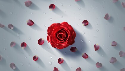 Elegant red rose surrounded by petals and water drops studio setting close-up photography natural beauty artistic perspective romantic concept for floral decoration