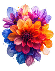 Vibrant, multi-colored dahlia flower bouquet illustration against a black background.
