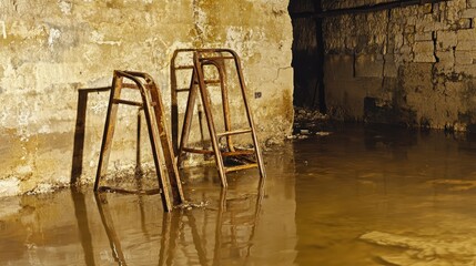 Twisted metal supports submerged in murky water within a decaying industrial structure