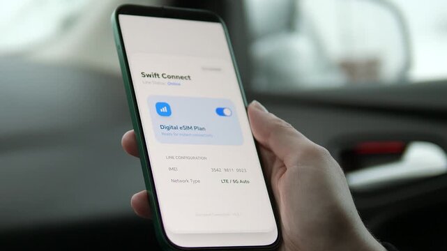 Staying connected globally. Activating a digital eSIM plan on a smartphone for instant 5G connectivity. Ideal for travel tech, international roaming, and digital nomad content. Professional, clean UI