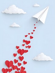 A paper airplane flies in the sky and releases red hearts