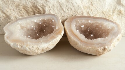 Two smooth palm sized geode halves revealing sparkling crystals